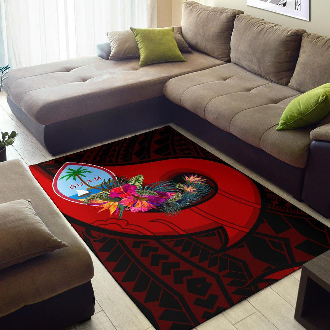 Guam Area Rug - Polynesian Hook And Hibiscus (Red) Polynesian 3