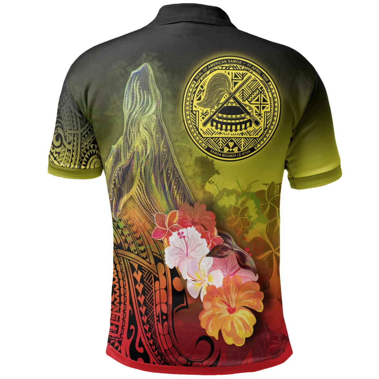 American Samoa Polynesian Custom Personalised Polo Shirts - Humpback Whale with Tropical Flowers 2