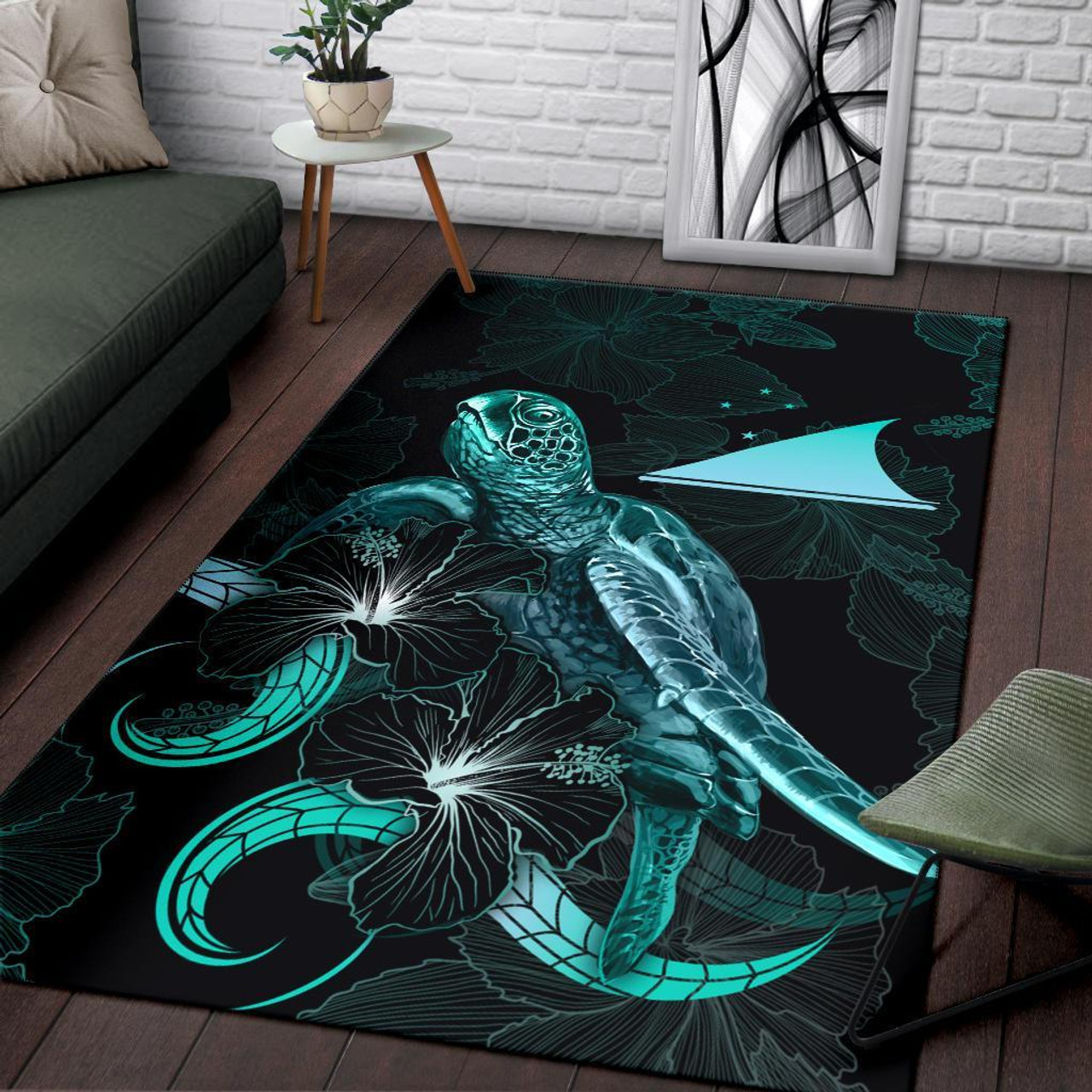 Tokelau Polynesian Area Rugs - Turtle With Blooming Hibiscus Turquoise Polynesian 3