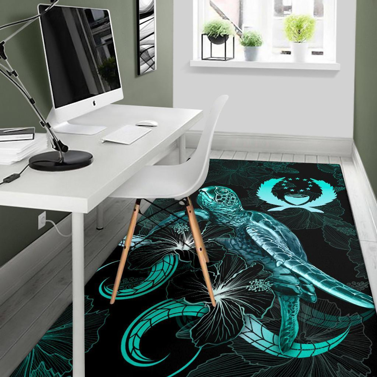 Pohnpei Polynesian Area Rugs - Turtle With Blooming Hibiscus Turquoise Polynesian 5