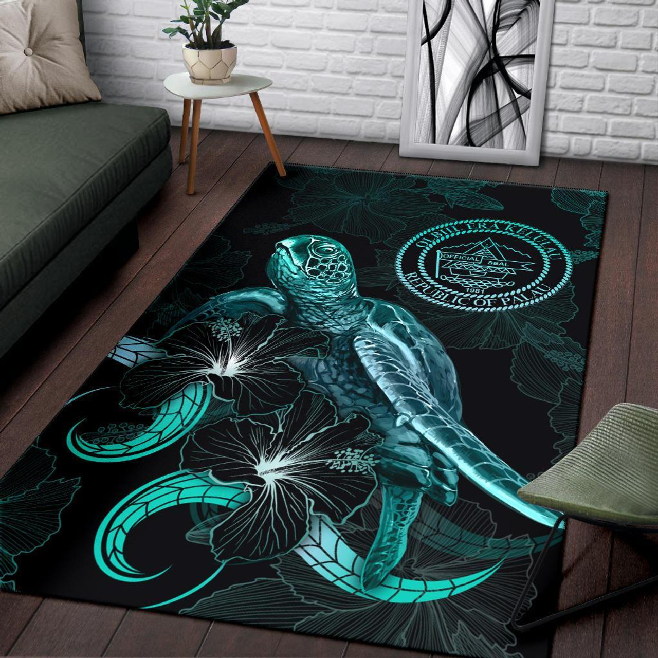 Palau Polynesian Area Rugs - Turtle With Blooming Hibiscus Turquoise Polynesian 3