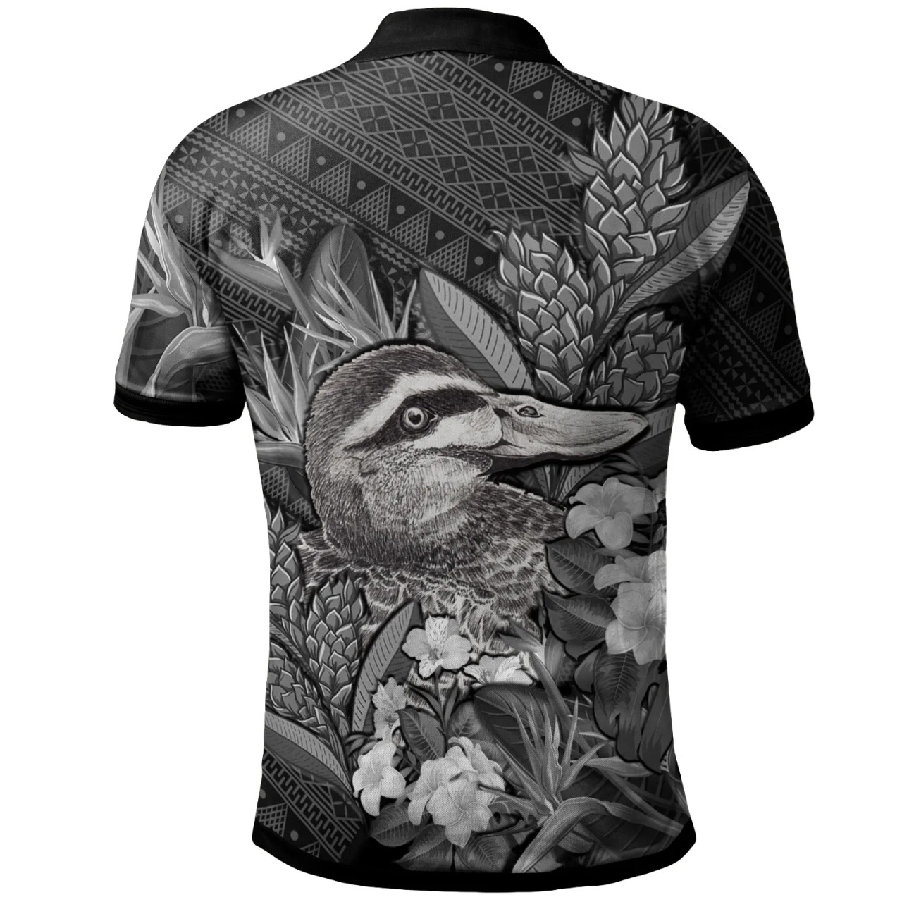 Tonga Polo Shirts - Custom Personalised Pacific Black Duck With Tropical Flowers 2