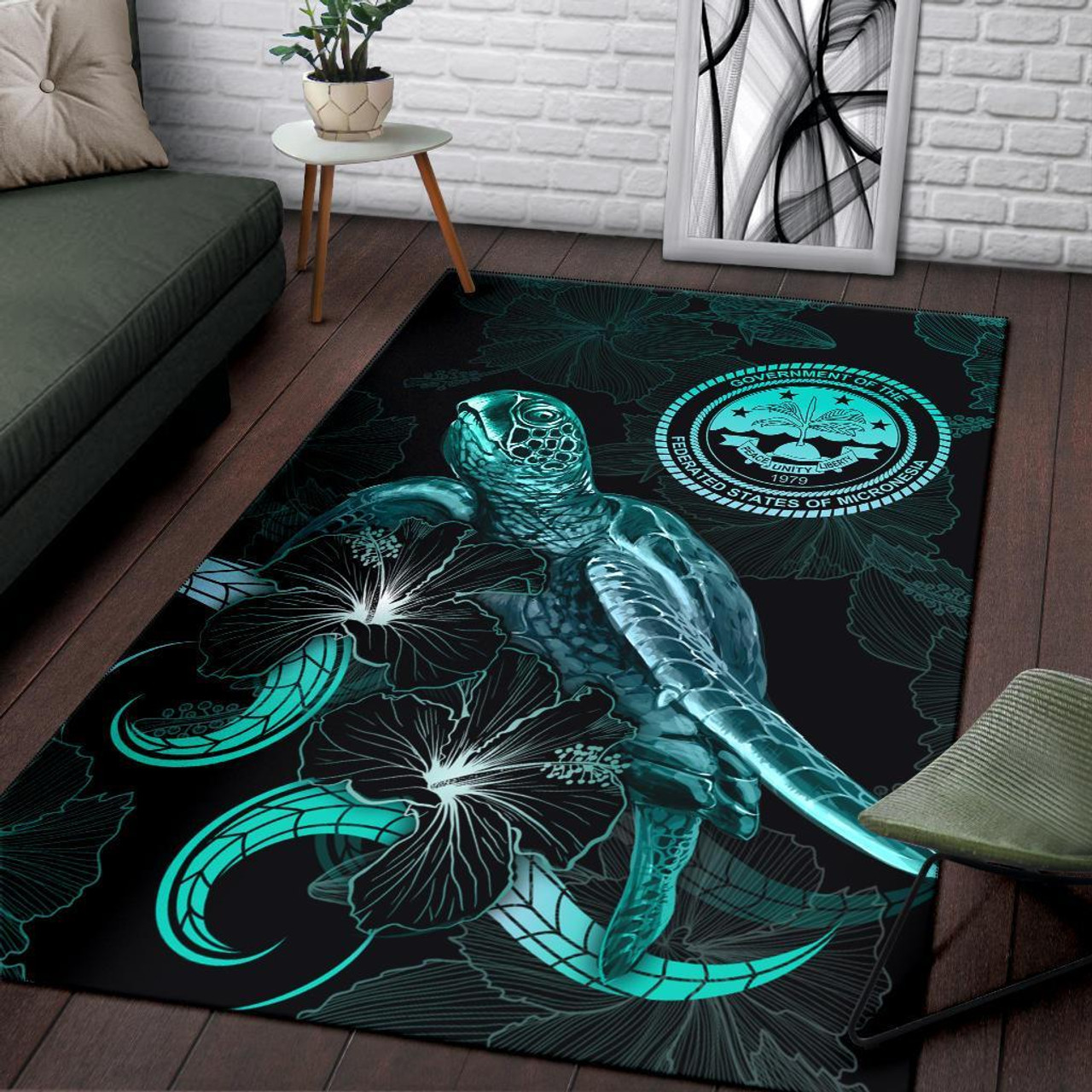 Fedarated States of Micronesia Polynesian Area Rugs - Turtle With Blooming Hibiscus Turquoise Polynesian 3