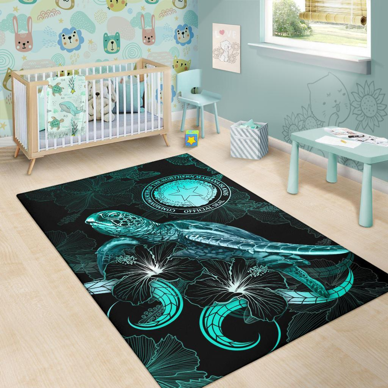 CNMI Polynesian Area Rugs - Turtle With Blooming Hibiscus Turquoise Polynesian 6