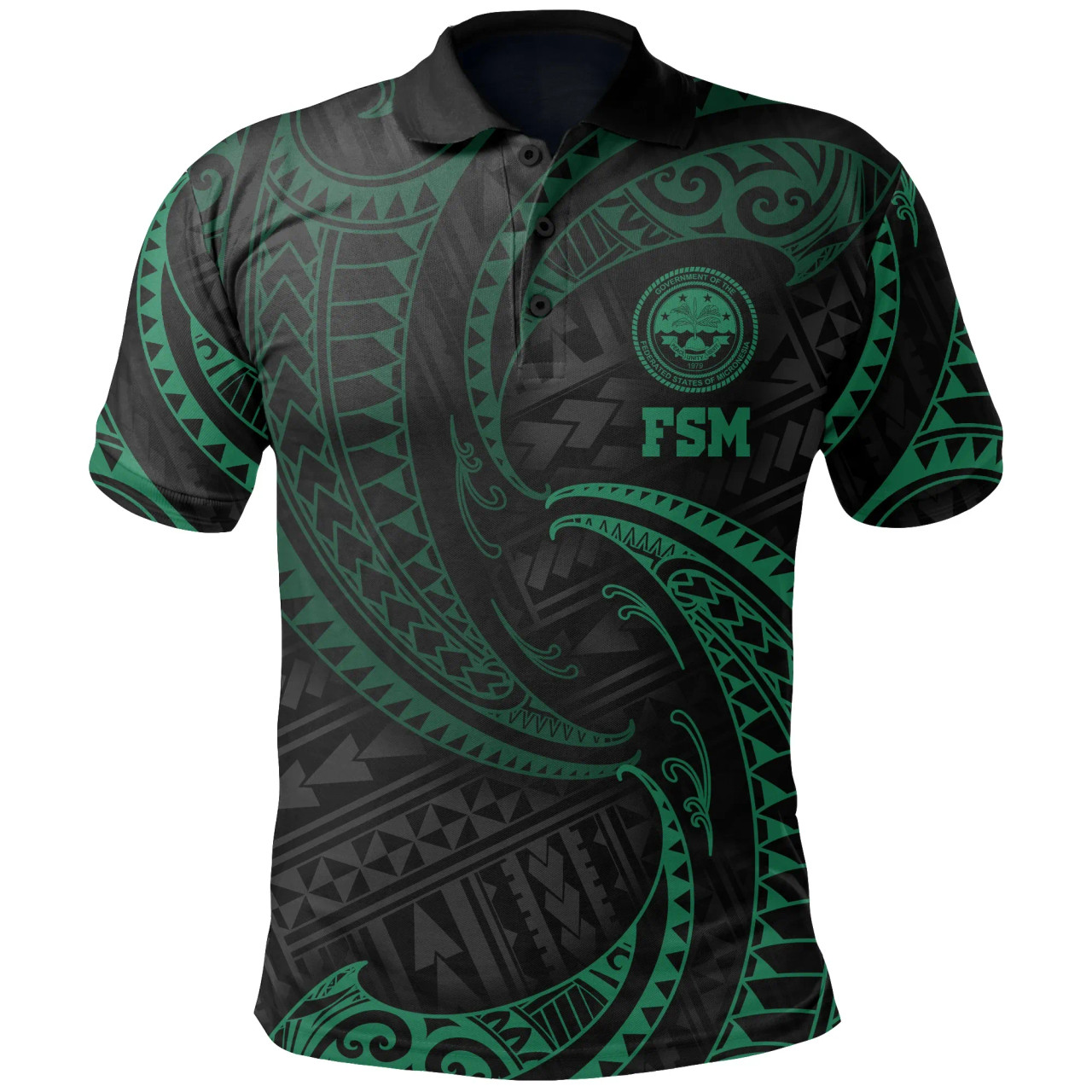 Federated States of Micronesia Polynesian Polo Shirt - Green Tribal Wave 1