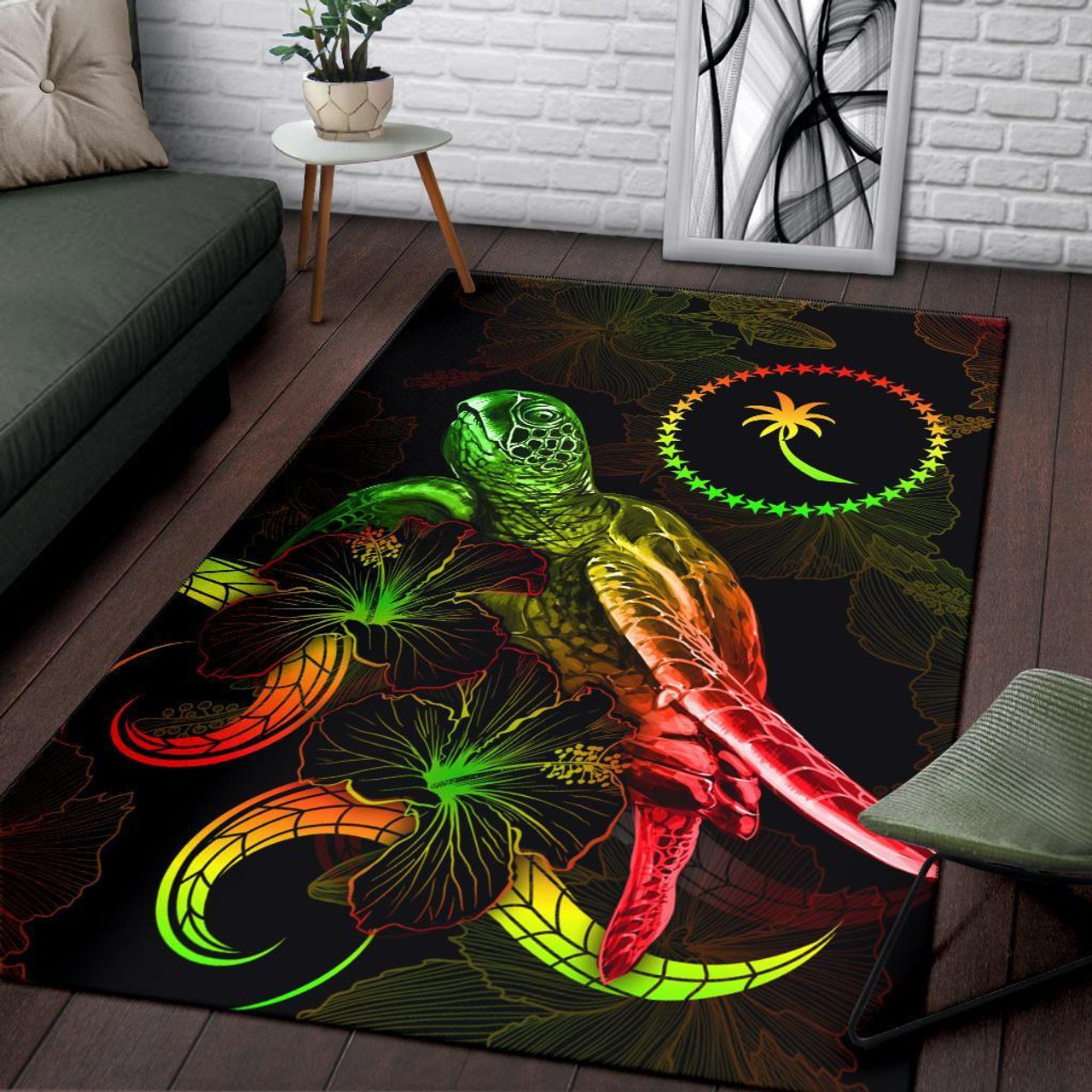 Chuuk Polynesian Area Rugs - Turtle With Blooming Hibiscus Reggae Polynesian 3