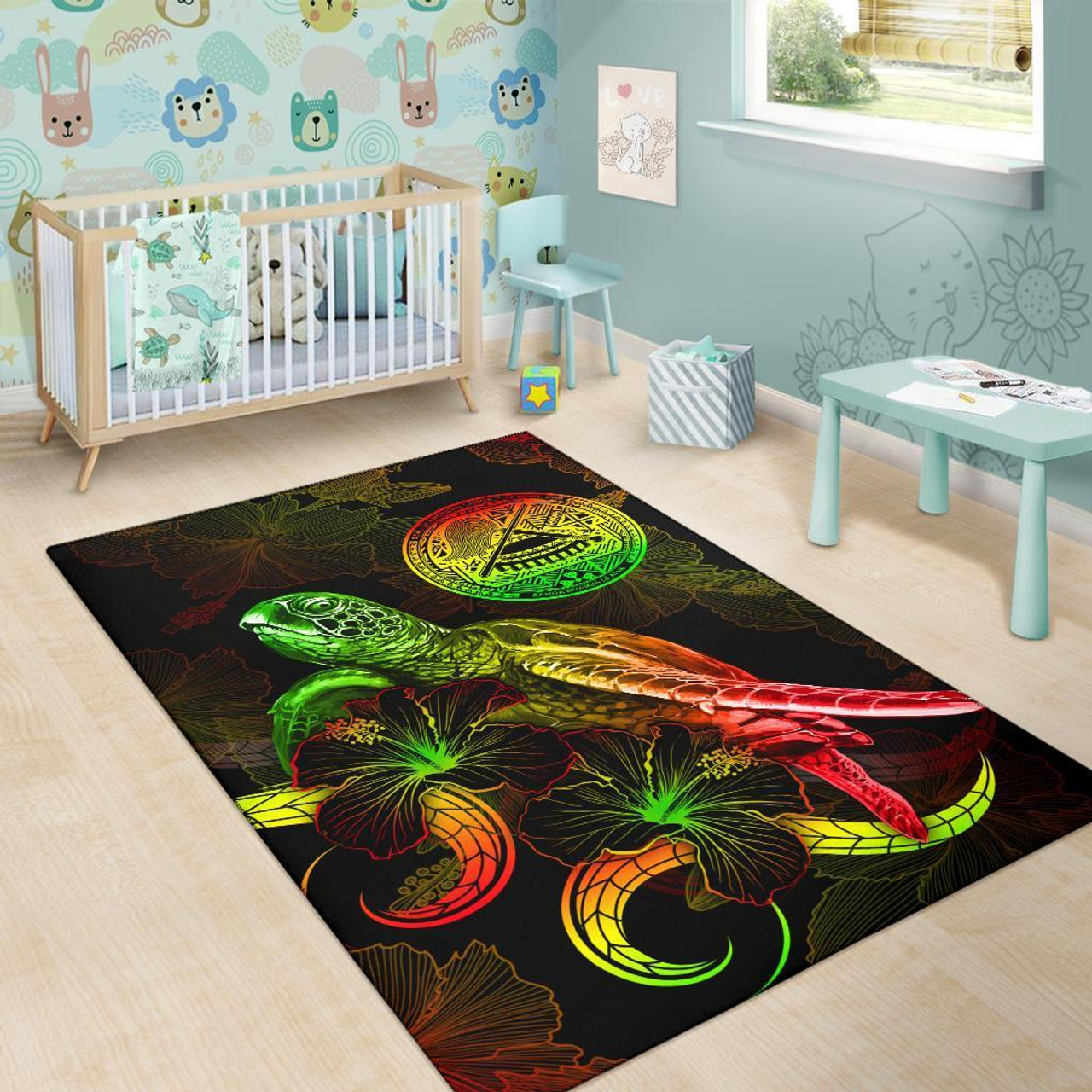 American Samoa Polynesian Area Rugs - Turtle With Blooming Hibiscus Reggae Polynesian 6