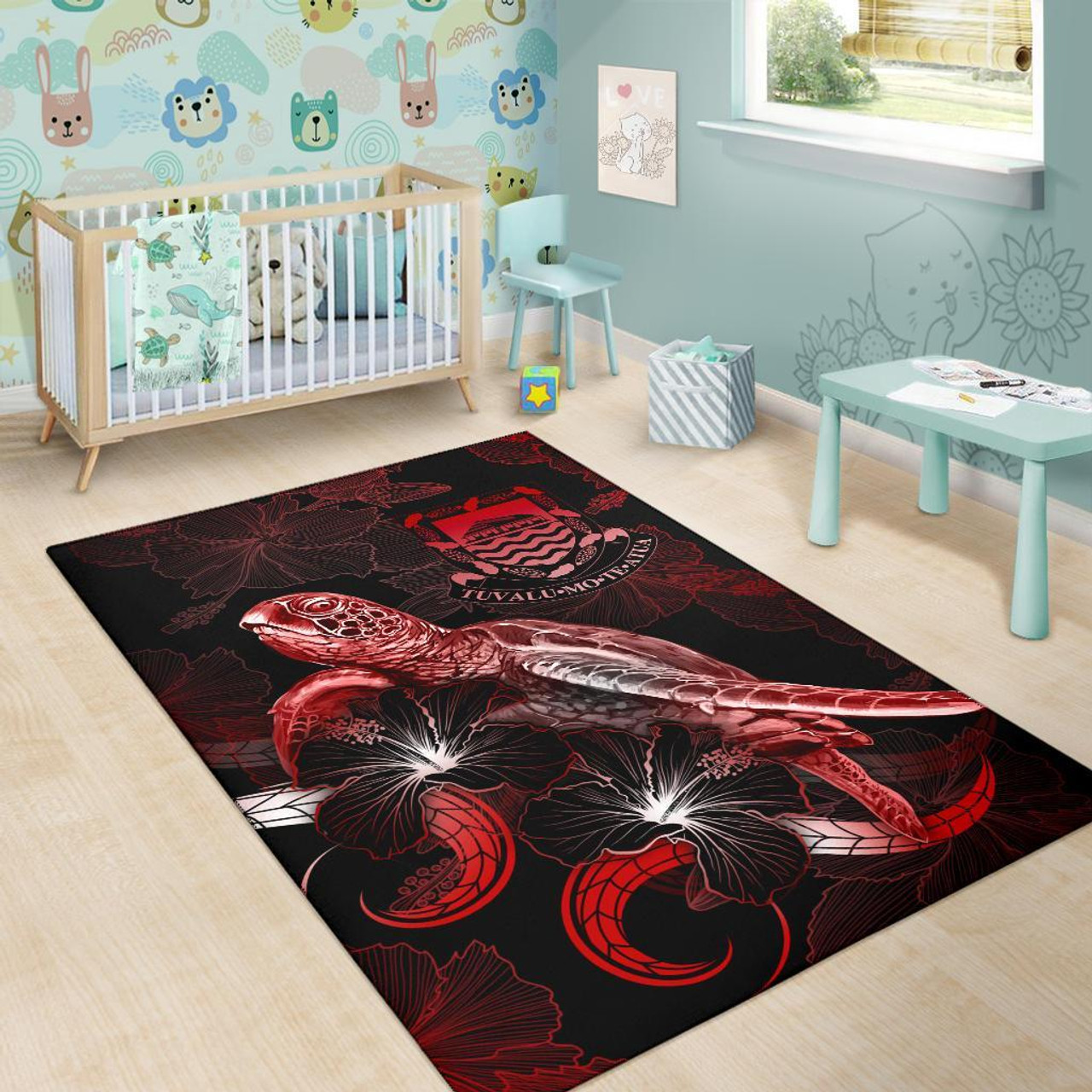 Tuvalu Polynesian Area Rugs - Turtle With Blooming Hibiscus Red Polynesian 6