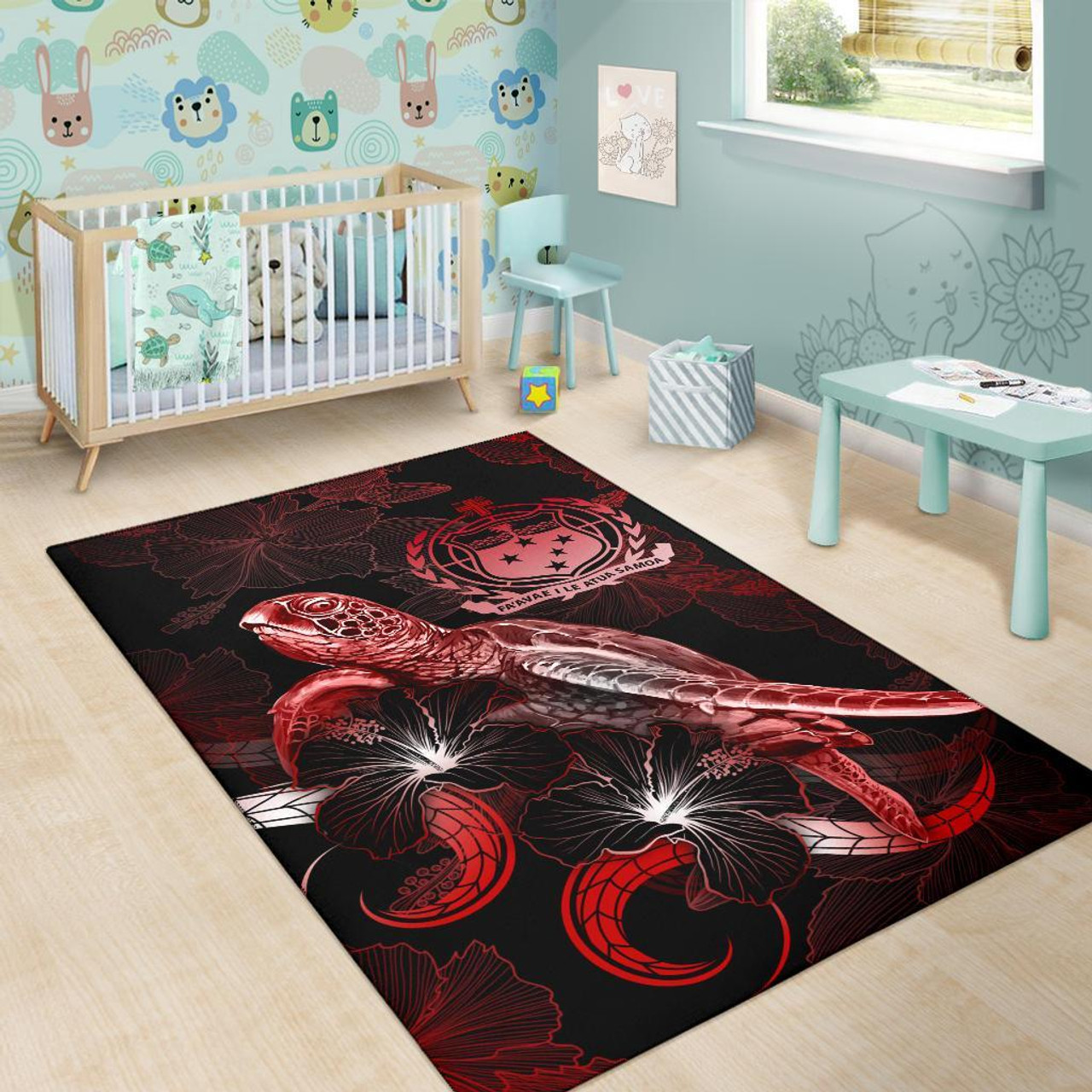 Samoa Polynesian Area Rugs - Turtle With Blooming Hibiscus Red Polynesian 6