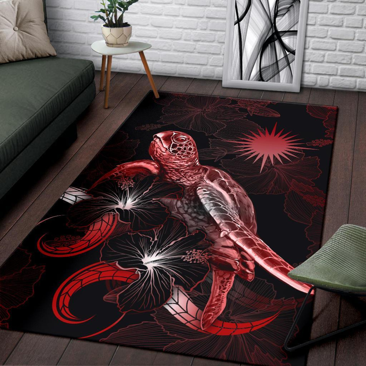 Marshall Islands Polynesian Area Rugs - Turtle With Blooming Hibiscus Red Polynesian 3