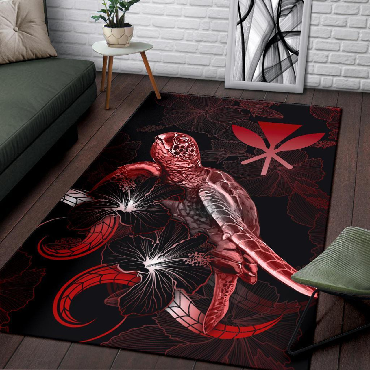 Hawaii Polynesian Area Rugs - Turtle With Blooming Hibiscus Red Polynesian 3