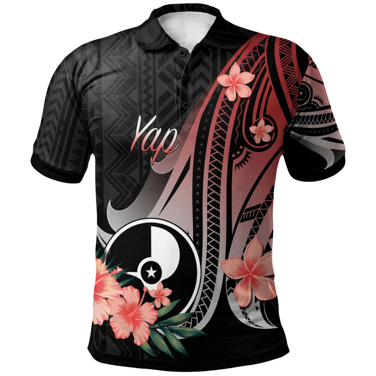 Yap Polo Shirt - Red Polynesian Hibiscus Pattern Style 1