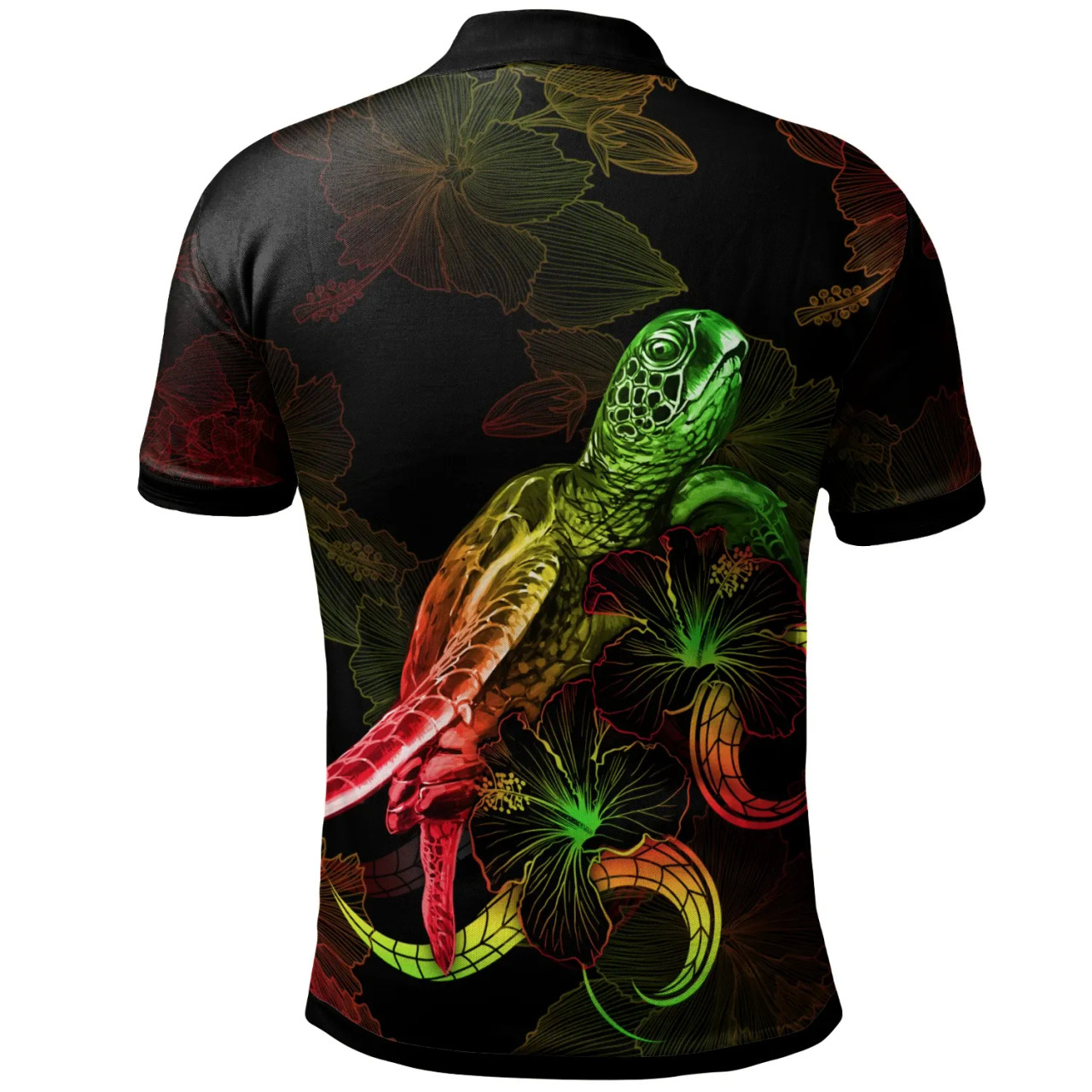 Kosrae Polynesian Polo Shirt - Turtle With Blooming Hibiscus Reggae 2