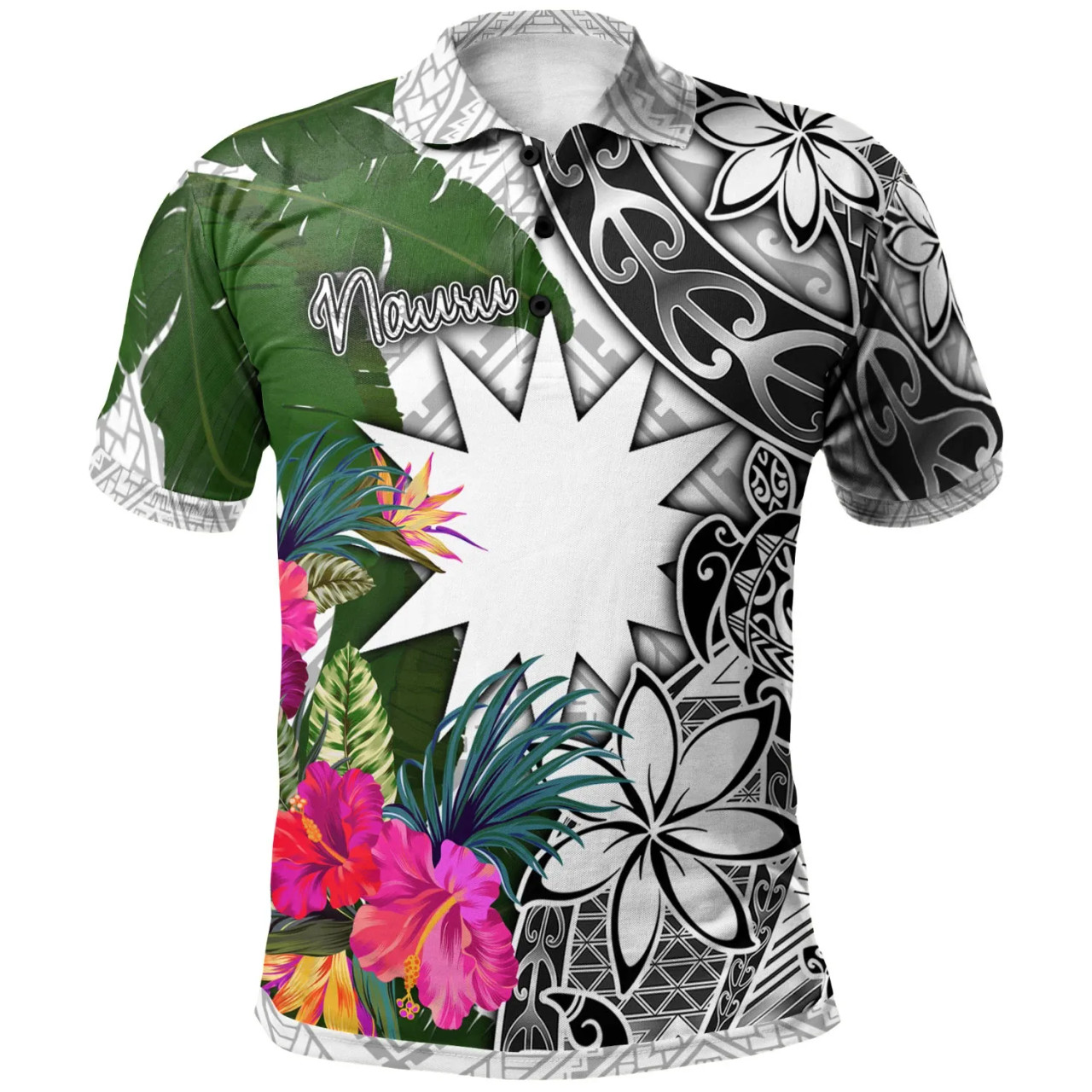 Nauru Polo Shirt White - Turtle Plumeria Banana Leaf 1