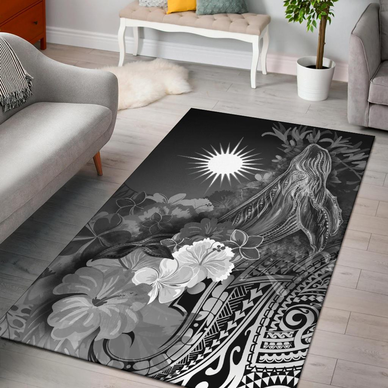 Marshall Islands Area Rug - Humpback Whale with Tropical Flowers (White) Polynesian 1