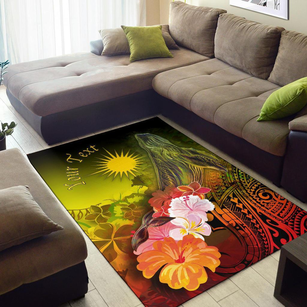 Marshall Islands Custom Personalised Area Rug - Humpback Whale with Tropical Flowers (Yellow) Polynesian 2