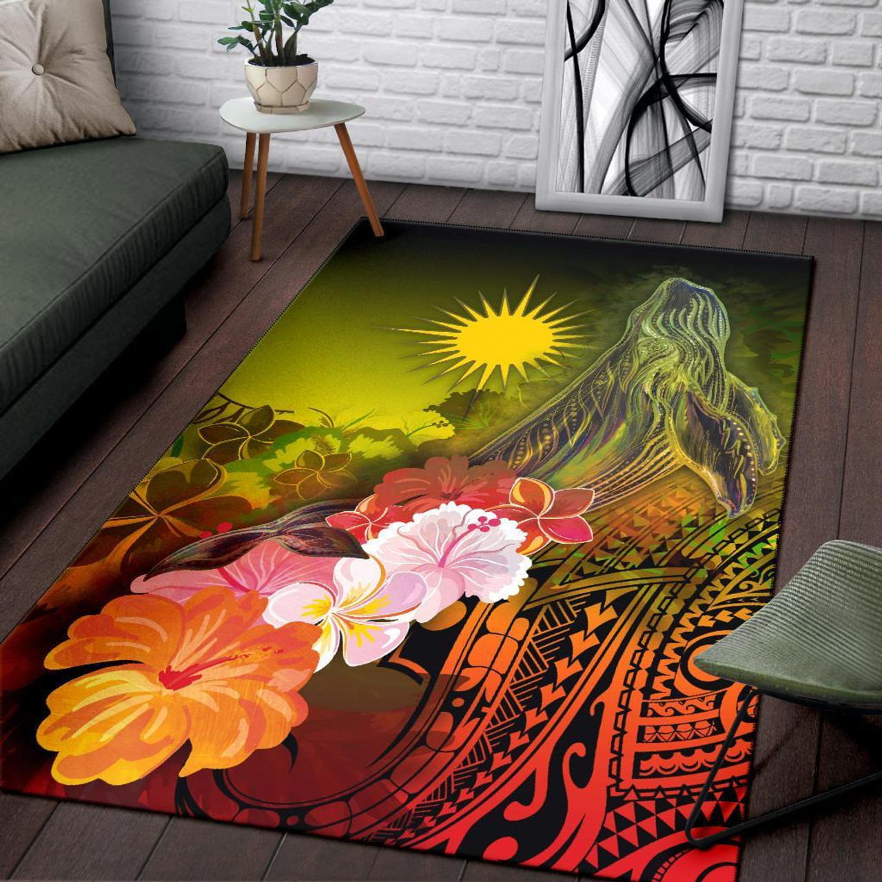 Marshall Islands Area Rug - Humpback Whale with Tropical Flowers (Yellow) Polynesian 3