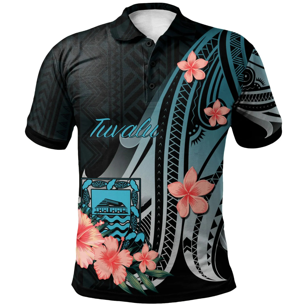 Tuvalu Polo Shirt - Turquoise Polynesian Hibiscus Pattern Style 1