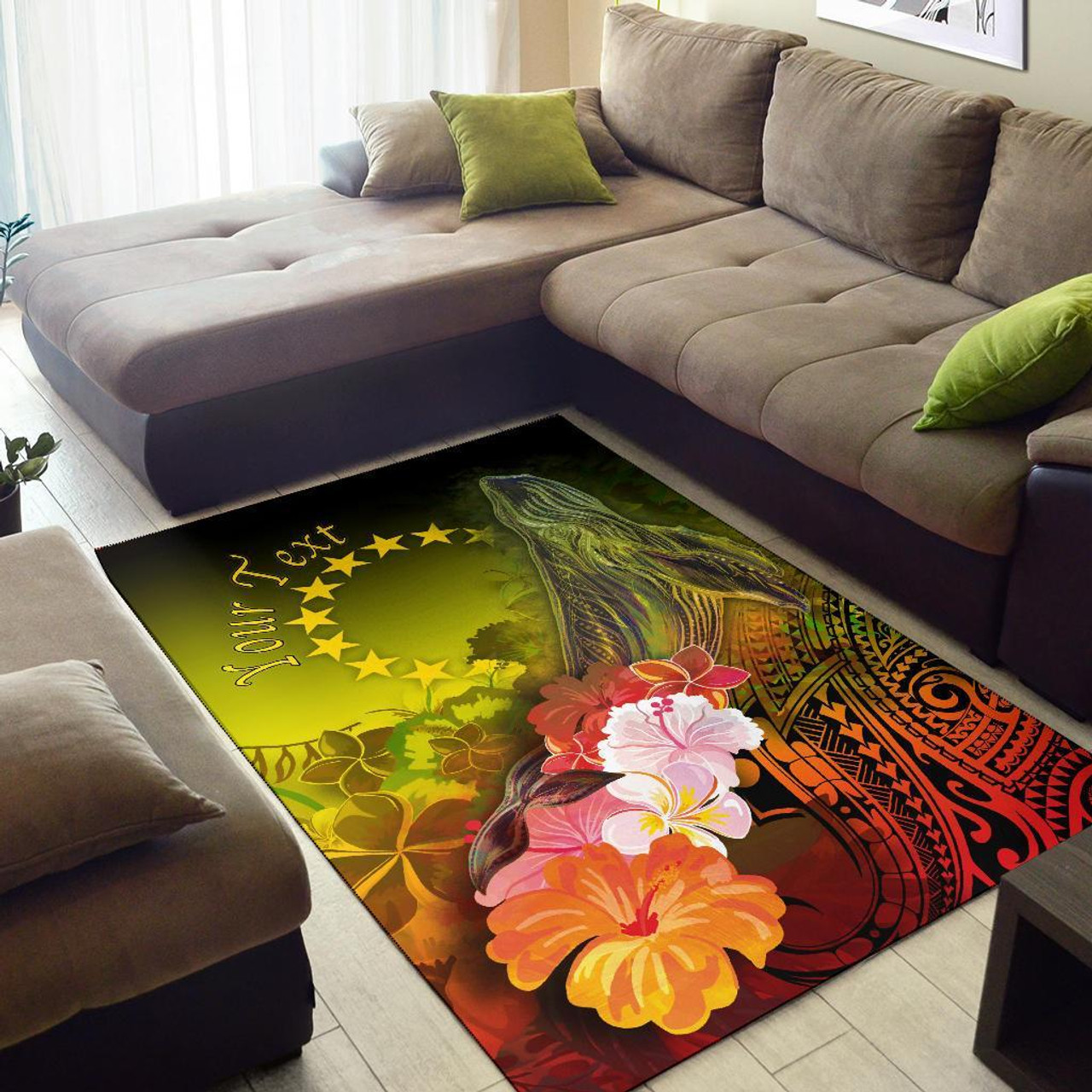 Cook Islands Custom Personalised Area Rug - Humpback Whale with Tropical Flowers (Yellow) Polynesian 2