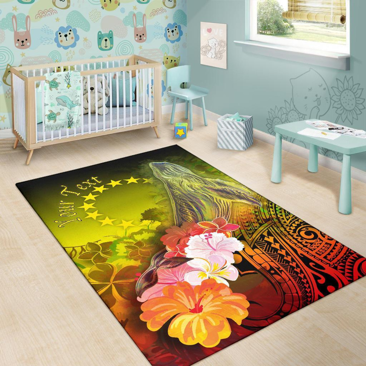 Cook Islands Custom Personalised Area Rug - Humpback Whale with Tropical Flowers (Yellow) Polynesian 6