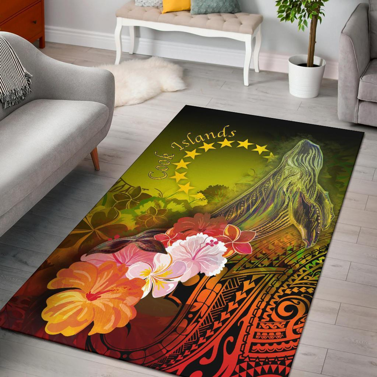 Cook Islands Area Rug - Humpback Whale with Tropical Flowers (Yellow) Polynesian 1