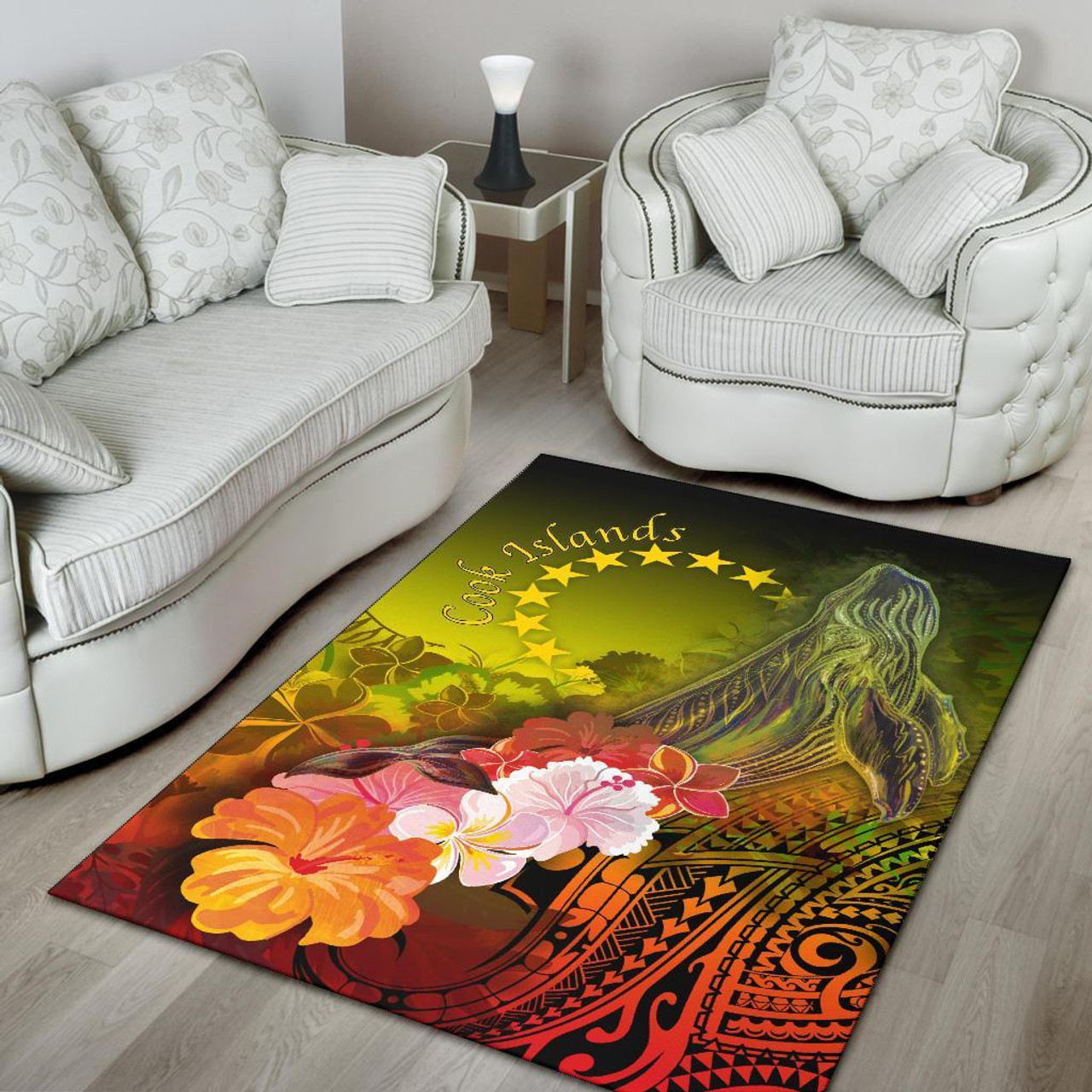 Cook Islands Area Rug - Humpback Whale with Tropical Flowers (Yellow) Polynesian 4