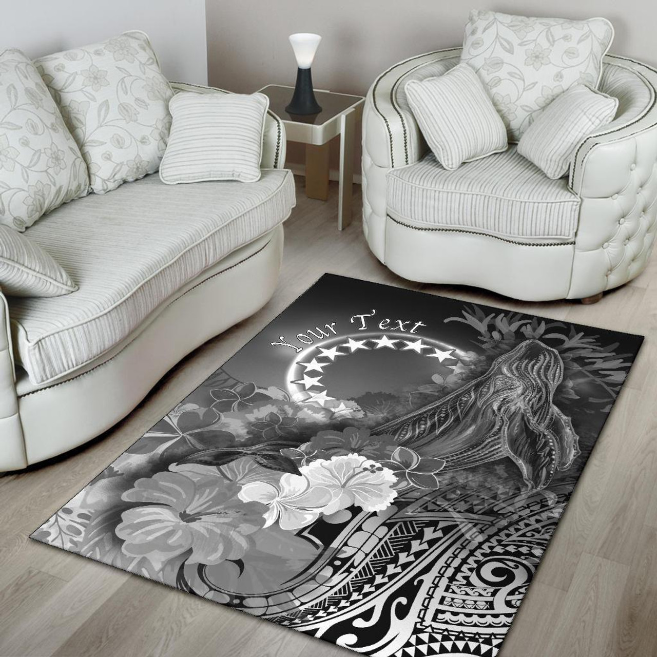 Cook Islands Custom Personalised Area Rug - Humpback Whale with Tropical Flowers (White) Polynesian 4