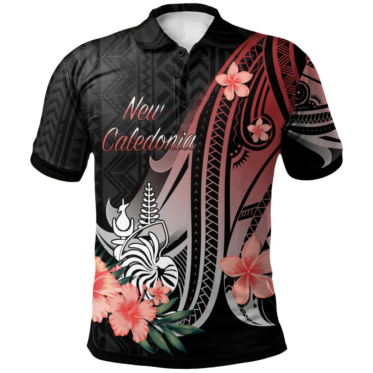 New Caledonia Polo Shirt - Red Polynesian Hibiscus Pattern Style 1