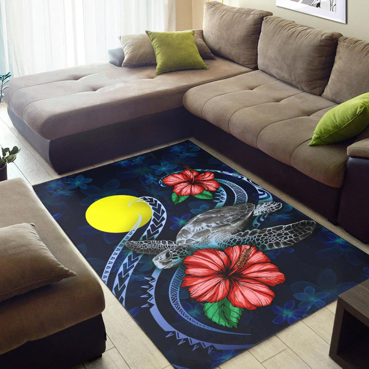 Palau Polynesian Area Rug - Blue Turtle Hibiscus Polynesian 2