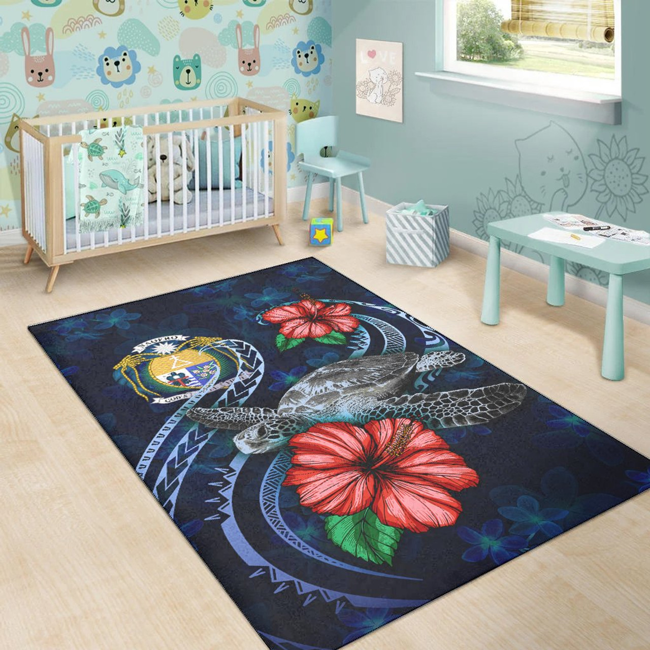 Nauru Polynesian Area Rug - Blue Turtle Hibiscus Polynesian 5