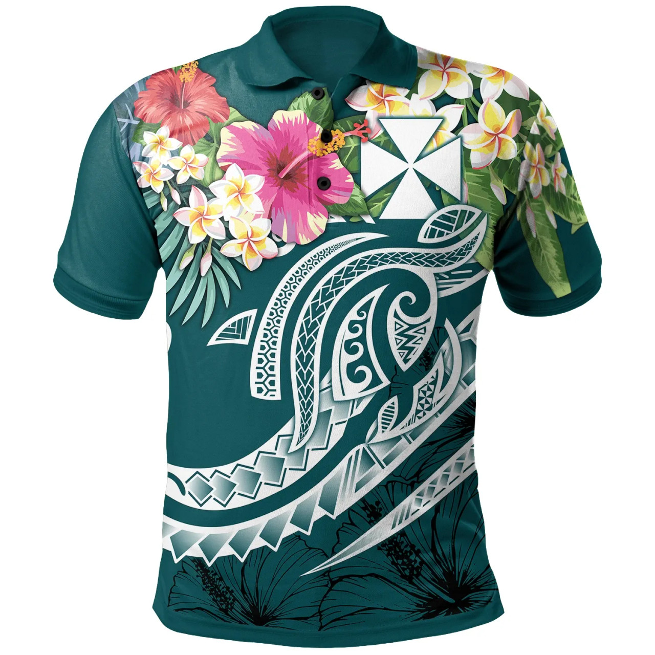 Wallis and Futuna Polynesian Polo Shirt - Summer Plumeria (Turquoise) 1