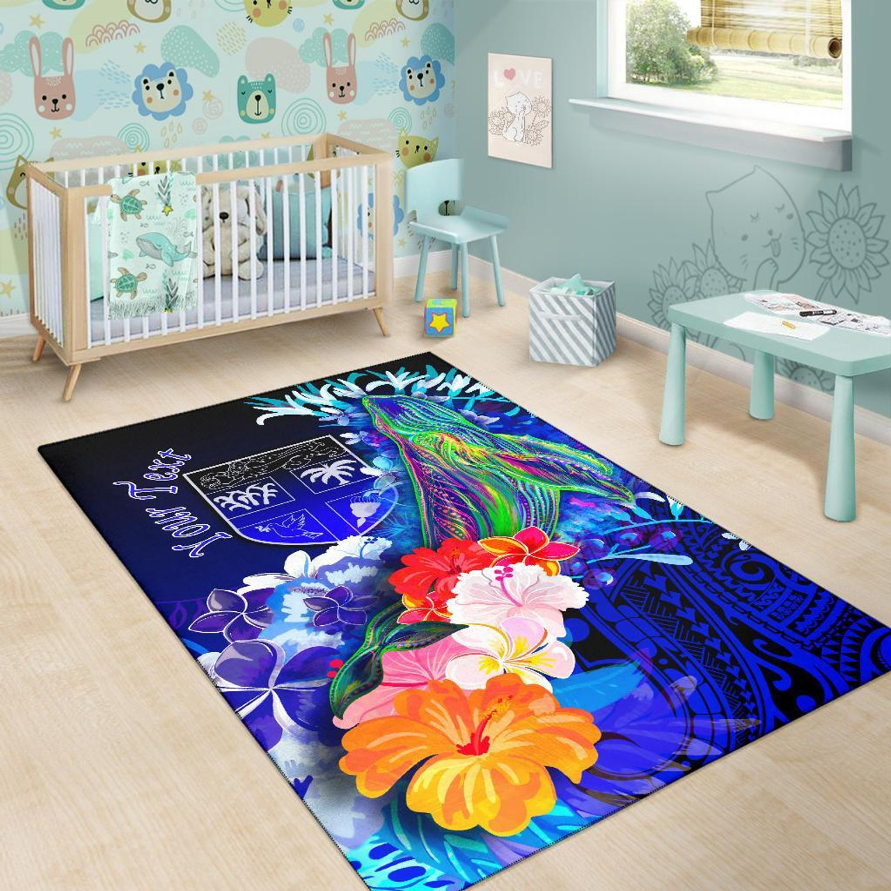 Fiji Custom Personalised Area Rug - Humpback Whale with Tropical Flowers (Blue) Polynesian 6