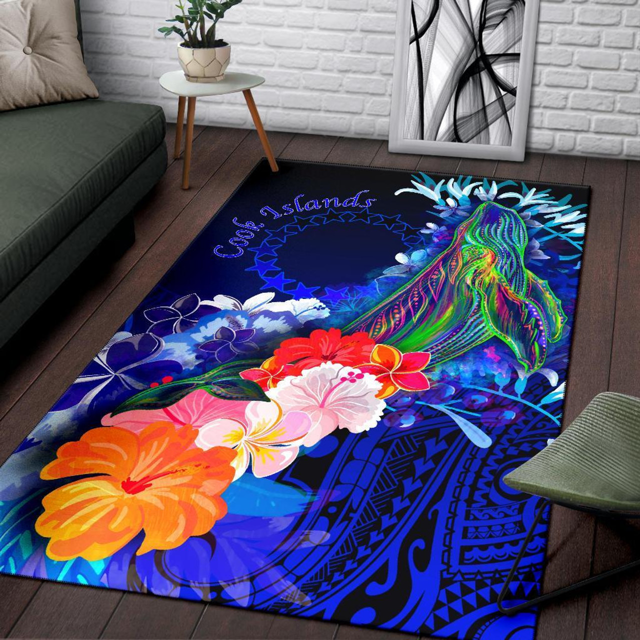 Cook Islands Area Rug - Humpback Whale with Tropical Flowers (Blue) Polynesian 1