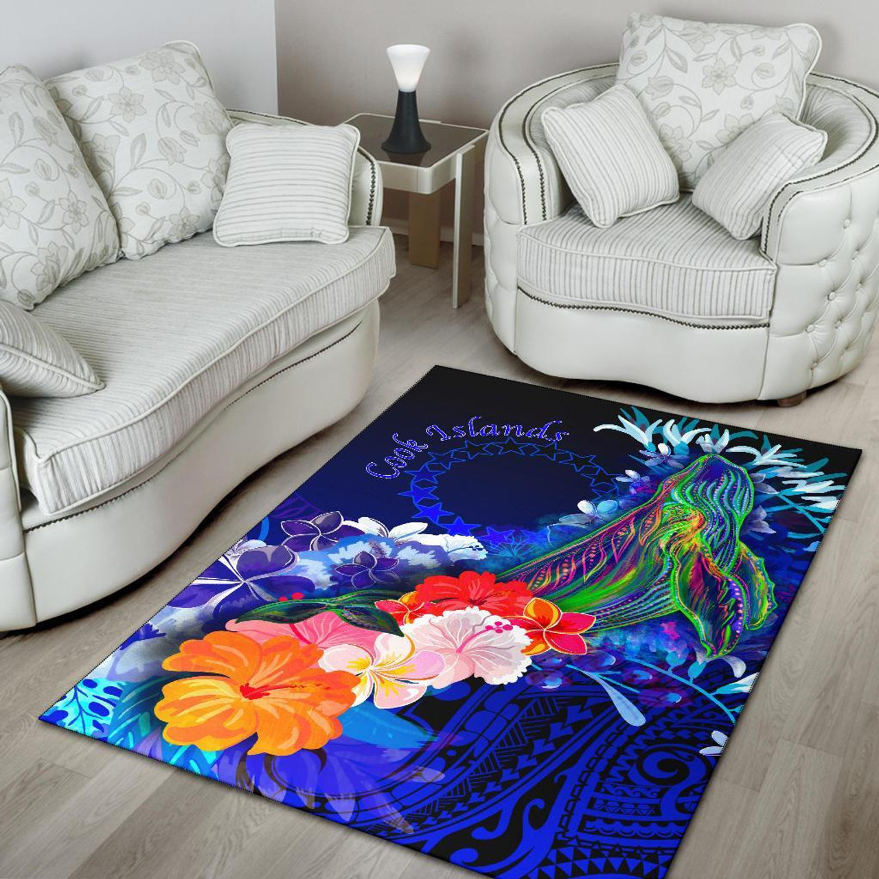 Cook Islands Area Rug - Humpback Whale with Tropical Flowers (Blue) Polynesian 4