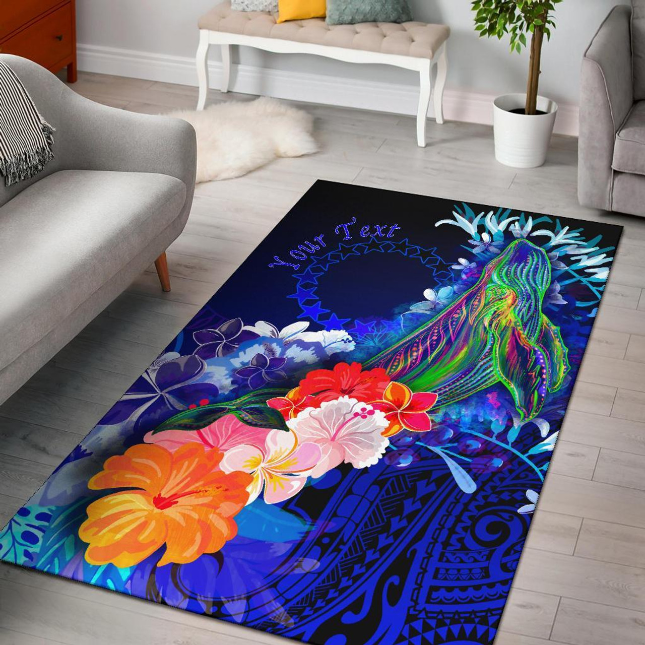 Cook Islands Custom Personalised Area Rug - Humpback Whale with Tropical Flowers (Blue) Polynesian 2
