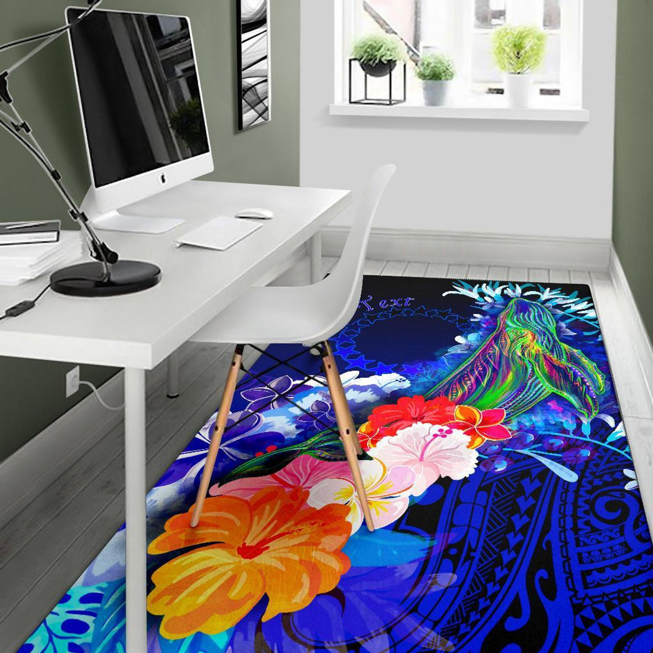 Cook Islands Custom Personalised Area Rug - Humpback Whale with Tropical Flowers (Blue) Polynesian 5