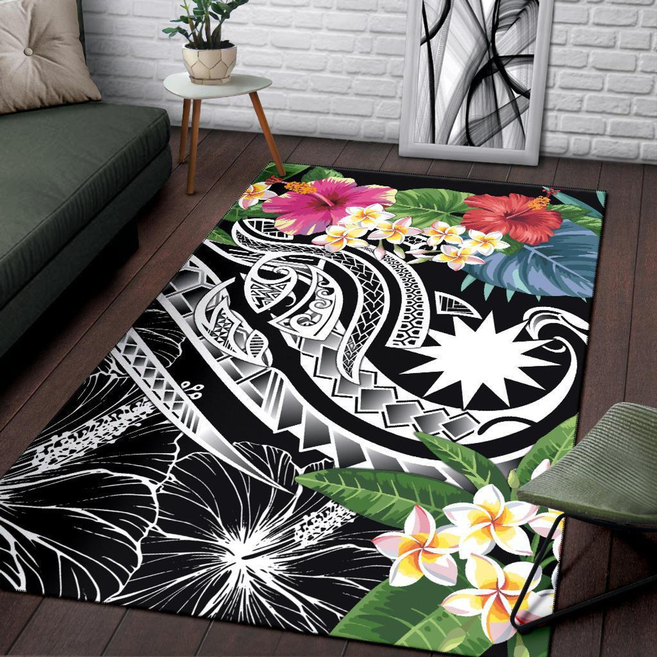 Nauru Polynesian Area Rug - Summer Plumeria (Black) Polynesian 3