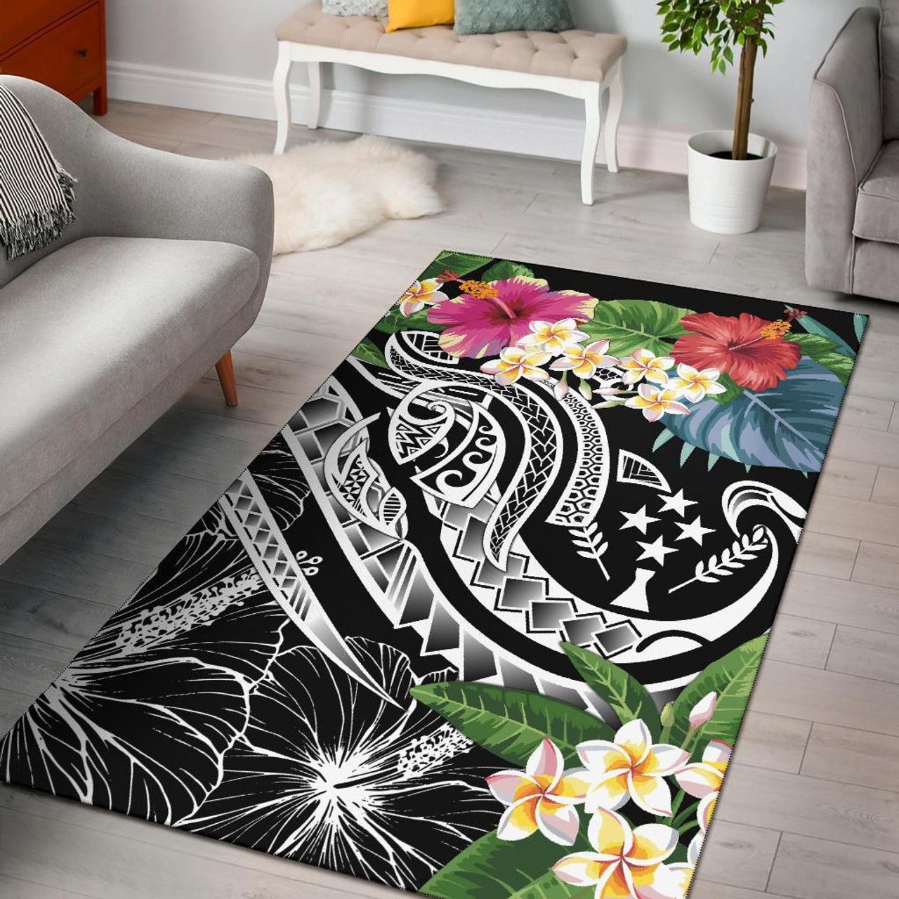 Kosrae Polynesian Area Rug - Summer Plumeria (Black) Polynesian 1