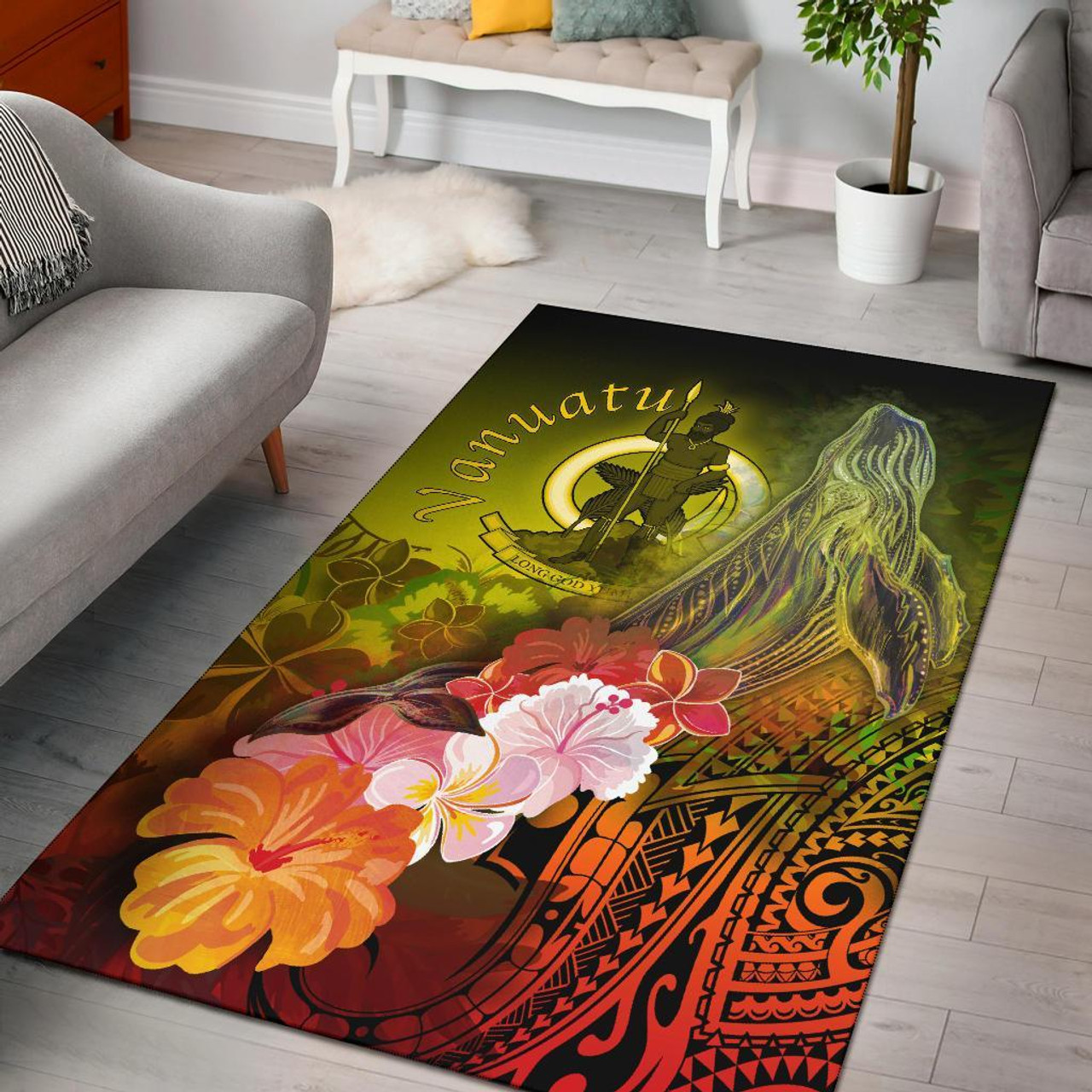 Vanuatu Area Rug - Humpback Whale with Tropical Flowers (Yellow) Polynesian 1