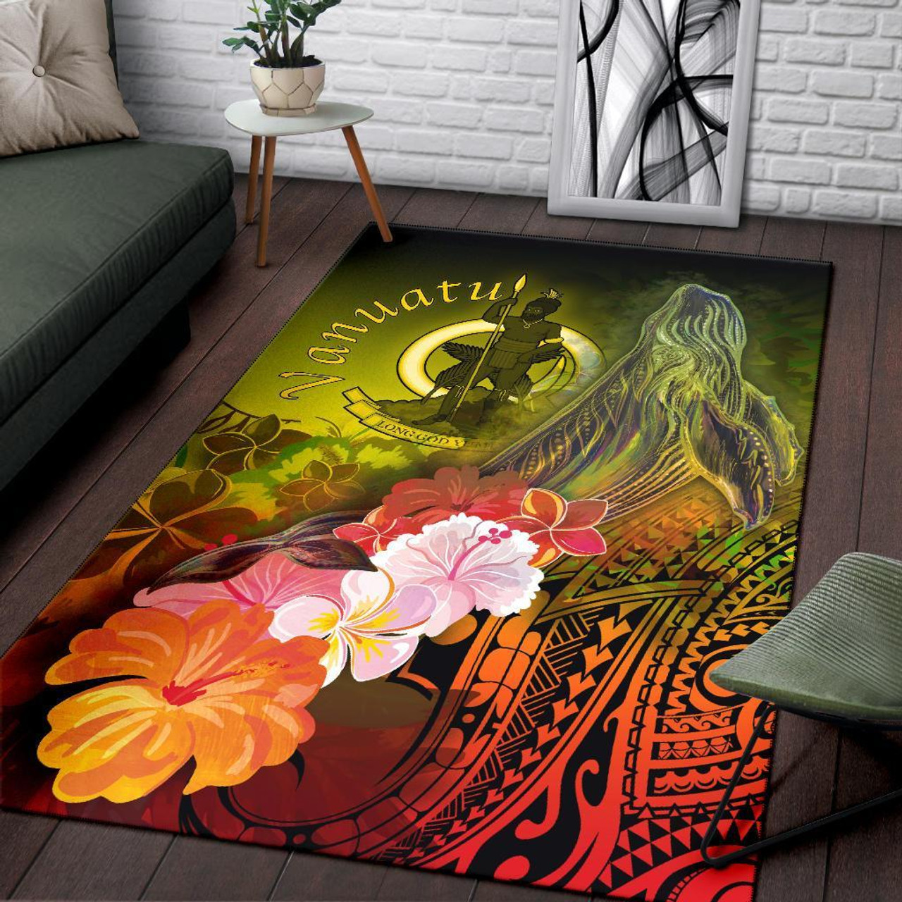 Vanuatu Area Rug - Humpback Whale with Tropical Flowers (Yellow) Polynesian 3