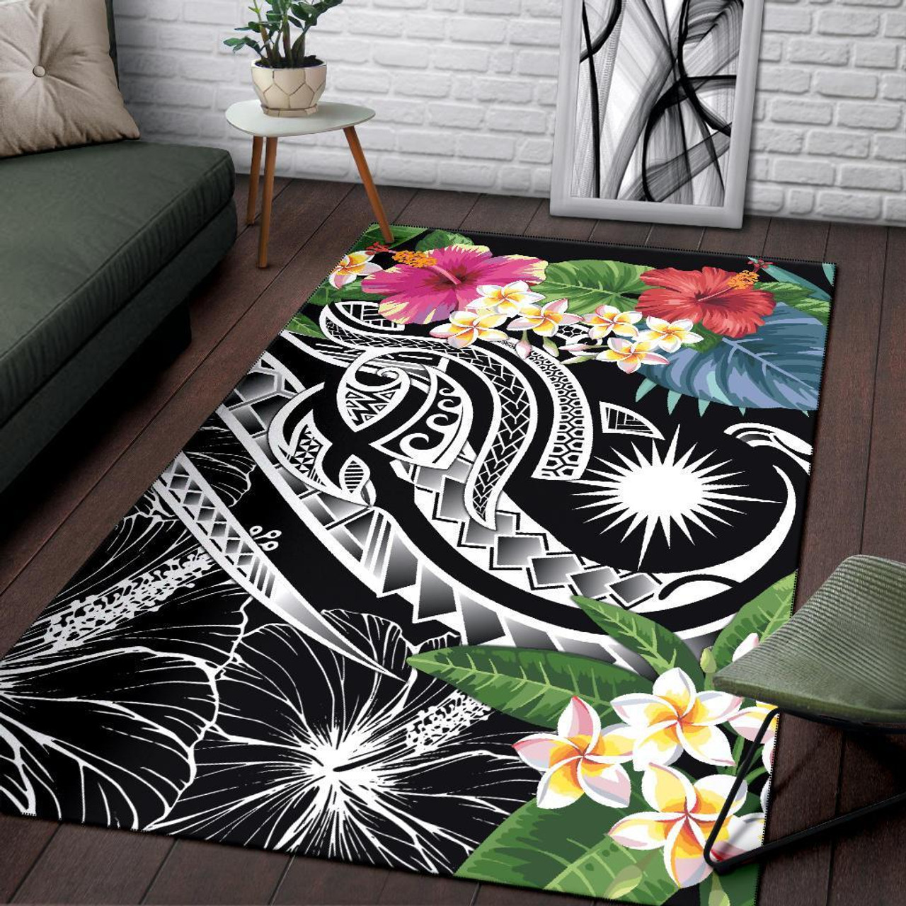 Marshall Islands Polynesian Area Rug - Summer Plumeria (Black) Polynesian 3