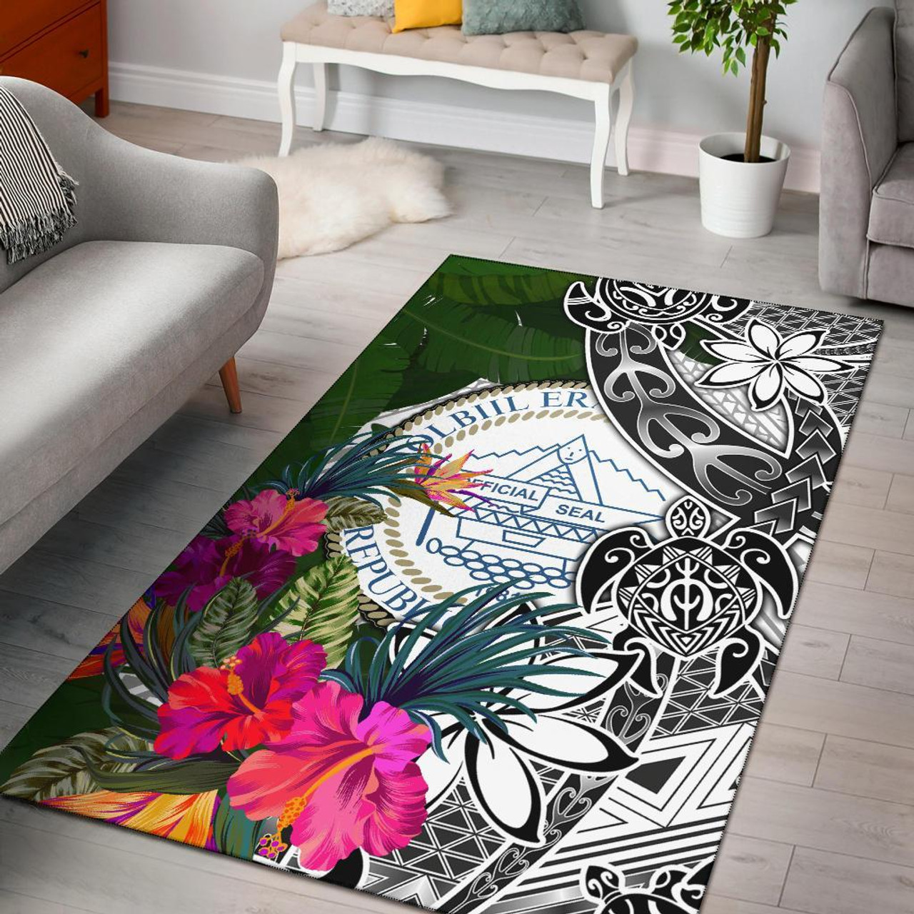 Palau Area Rug White - Turtle Plumeria Banana Leaf Crest Polynesian 2