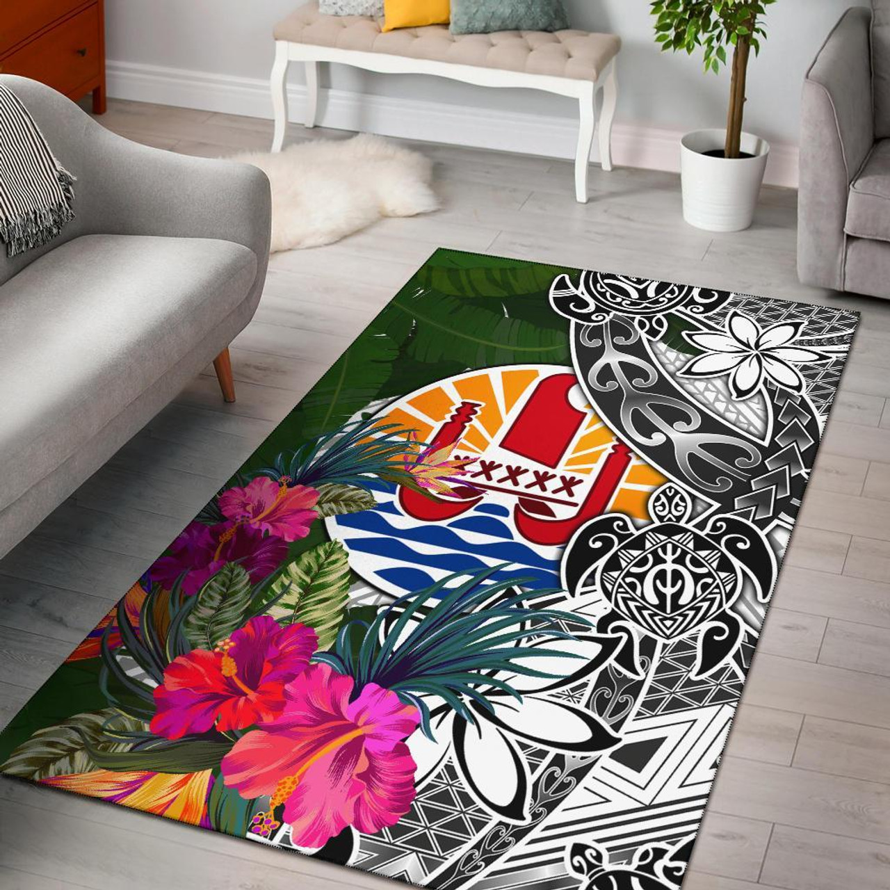 Tahiti Area Rug White - Turtle Plumeria Banana Leaf Polynesian 2