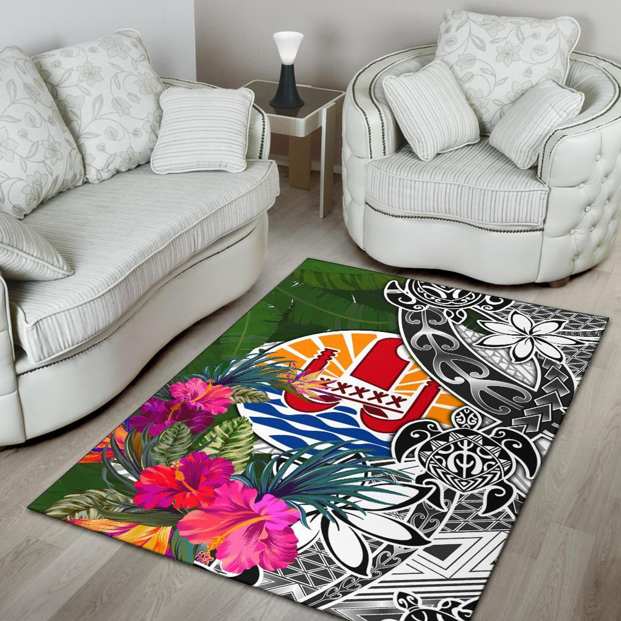 Tahiti Area Rug White - Turtle Plumeria Banana Leaf Polynesian 4