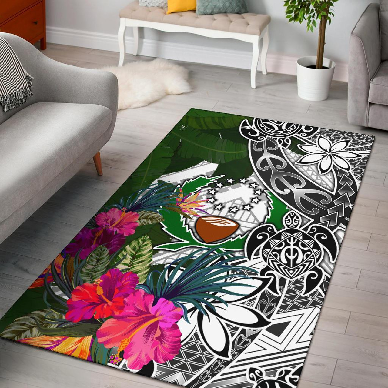 Pohnpei Area Rug White - Turtle Plumeria Banana Leaf Polynesian 2