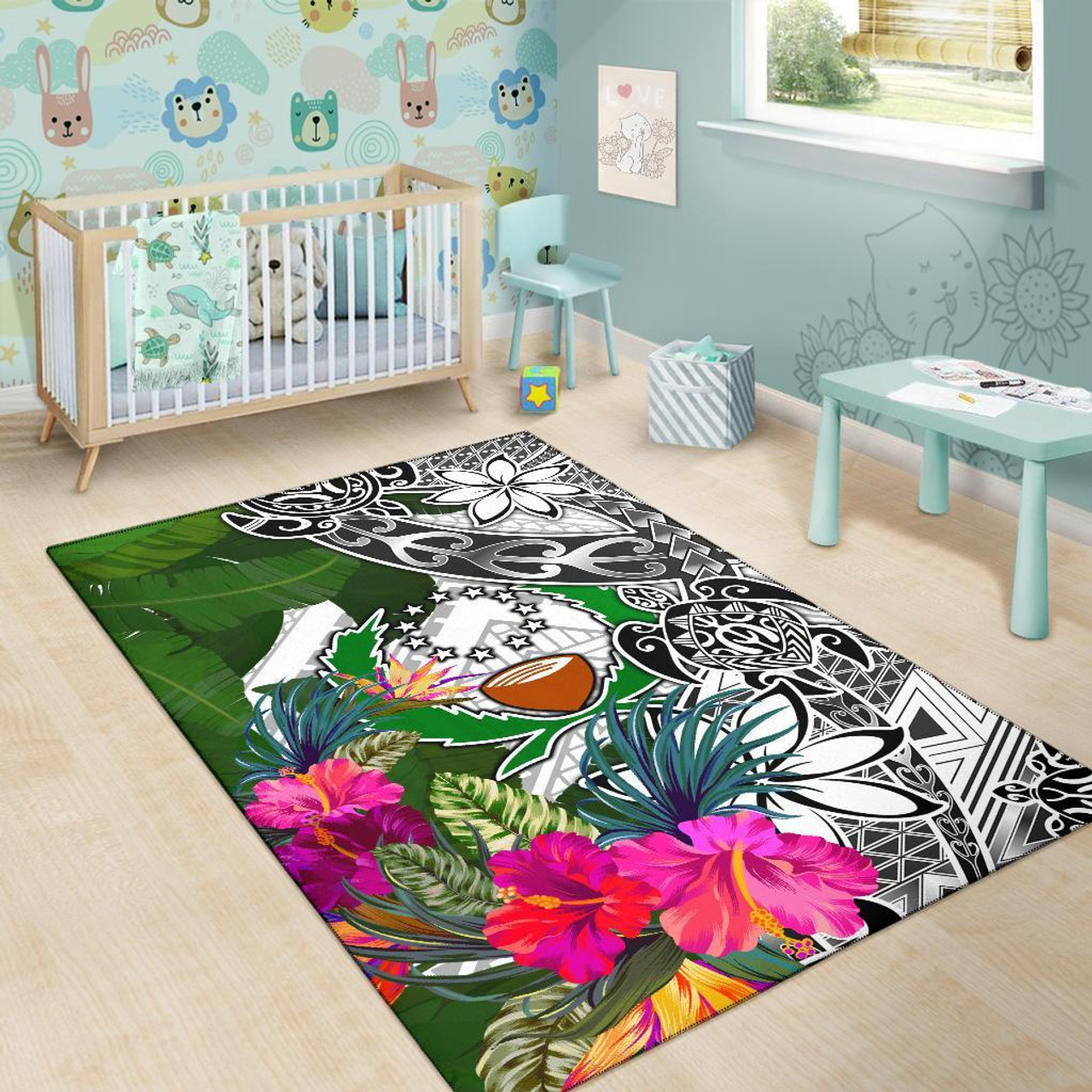 Pohnpei Area Rug White - Turtle Plumeria Banana Leaf Polynesian 6