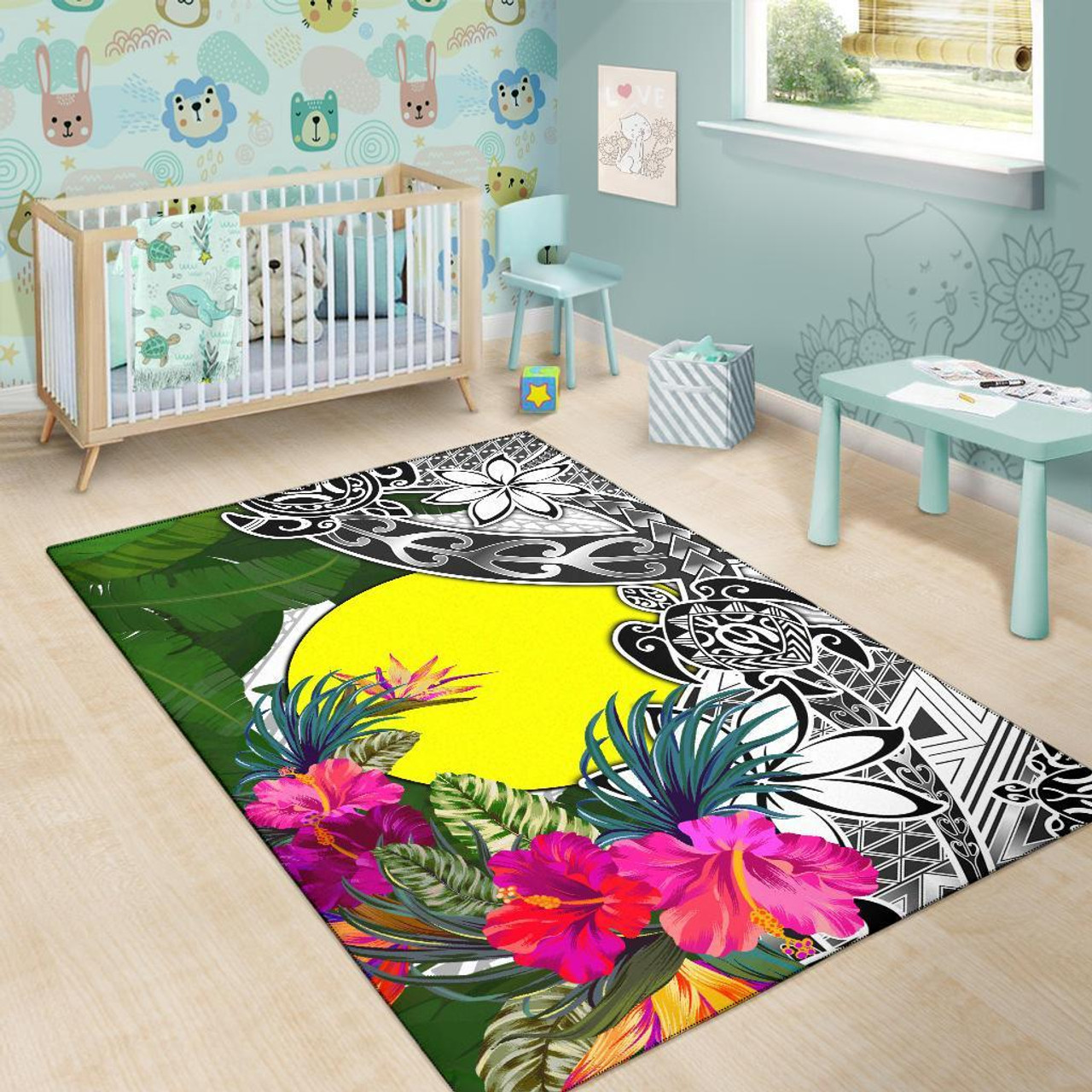 Palau Area Rug White - Turtle Plumeria Banana Leaf Polynesian 6