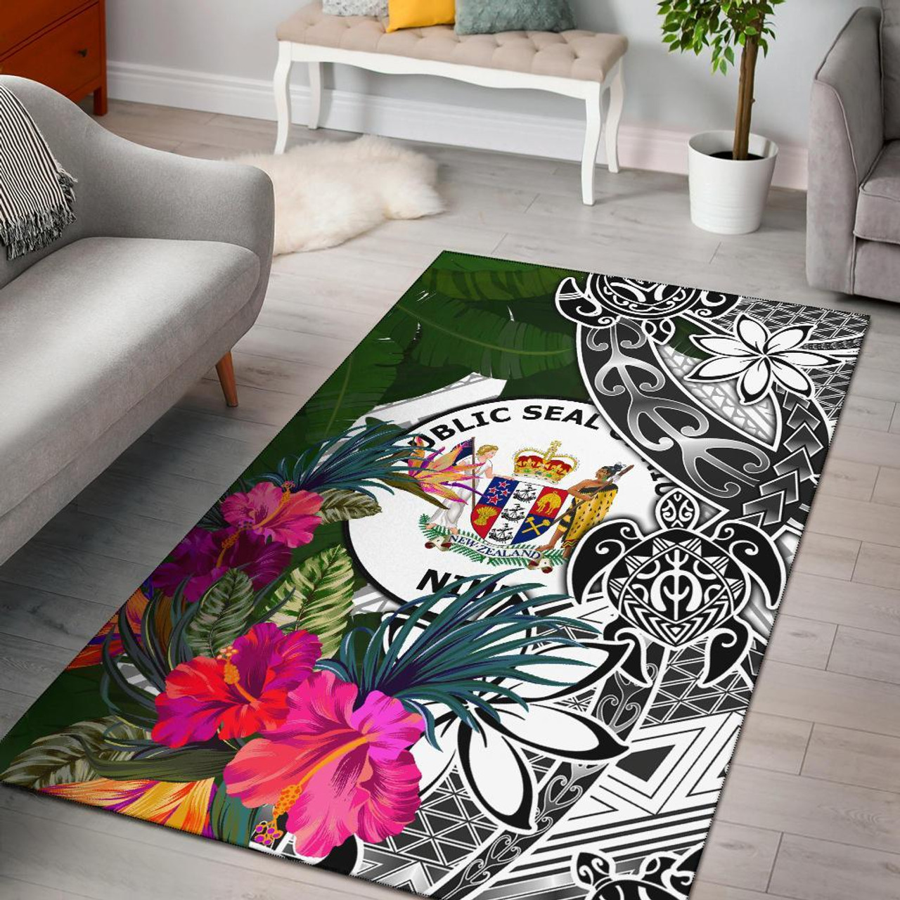 Niue Area Rug White - Turtle Plumeria Banana Leaf Polynesian 2