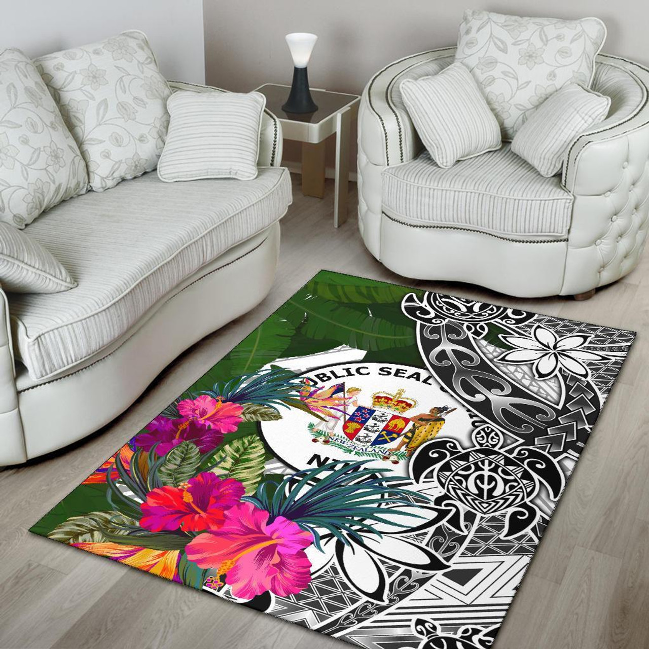 Niue Area Rug White - Turtle Plumeria Banana Leaf Polynesian 4