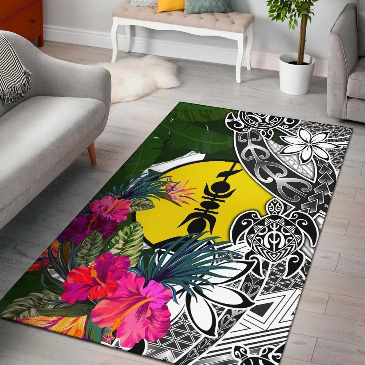 New Caledonia Area Rug White - Turtle Plumeria Banana Leaf Polynesian 2